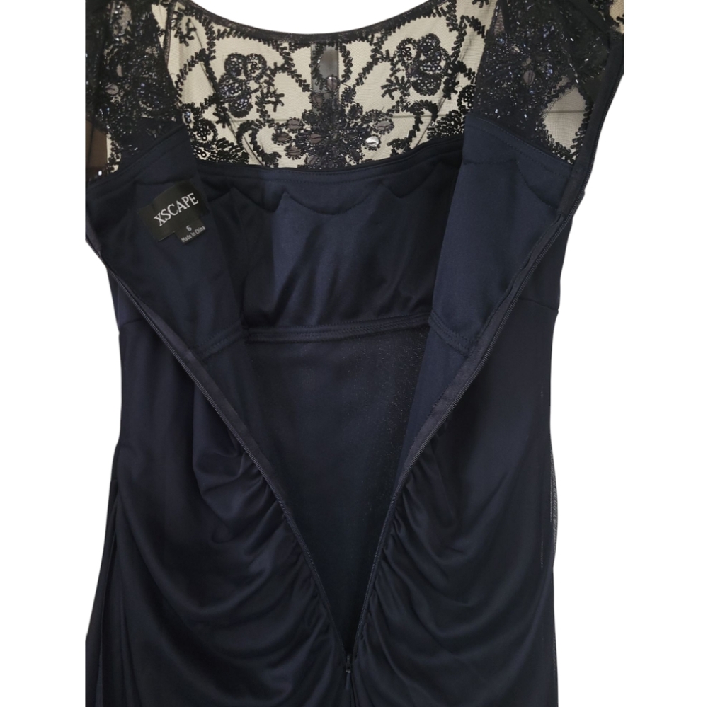 Xscape Navy Beaded Illusion Cap Sleeve Ruched Mother of Bride Formal Gown 6 - Picture 8 of 15